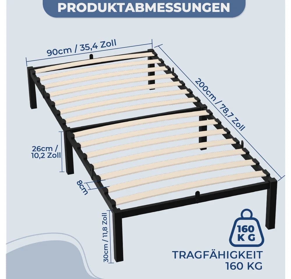 PFCTART Metallbett mit Taschenfederkernmatratze und Lattenrost Schwarz