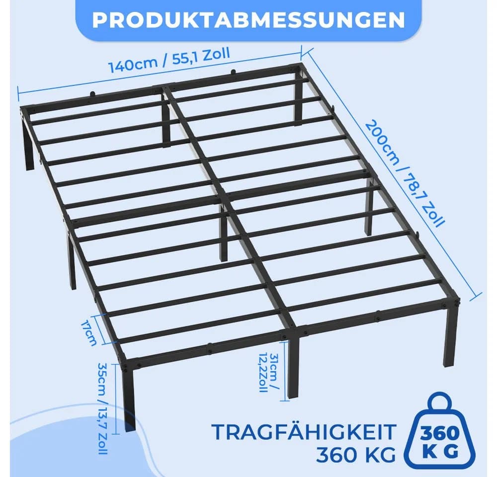 PFCTART Metallbettgestell Schwarz 140x200 cm Stahl