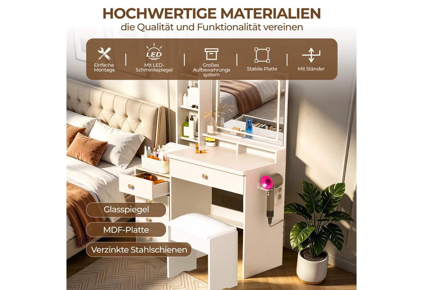 GLIESE Schminktisch mit LED-Spiegel und Hocker Set Weiß - Bild 4