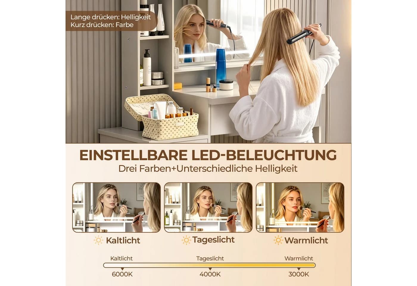 GLIESE Schminktisch mit LED-Spiegel und Hocker Set Weiß - Bild 5