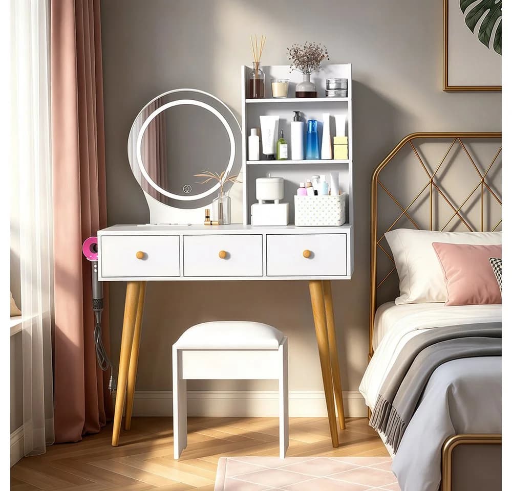 GLIESE Schminktisch mit Spiegel und Hocker Set Weiß mit LED-Beleuchtung - Bild 2