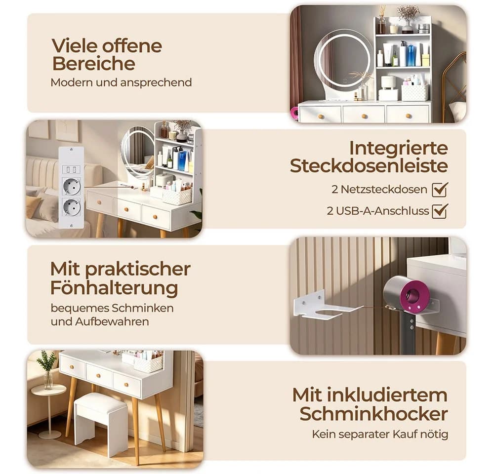 GLIESE Schminktisch mit Spiegel und Hocker Set Weiß mit LED-Beleuchtung - Bild 4