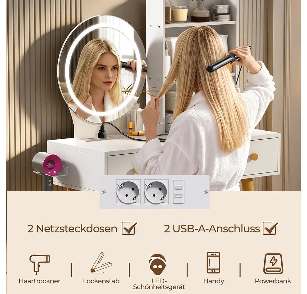 GLIESE Schminktisch mit Spiegel und Hocker Set Weiß mit LED-Beleuchtung - Bild 5