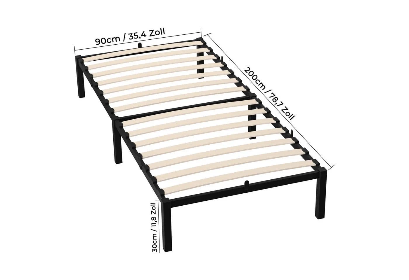 GLIESE Einzelbett 90x200cm Metallbettgestell Schwarz mit Holzlatten