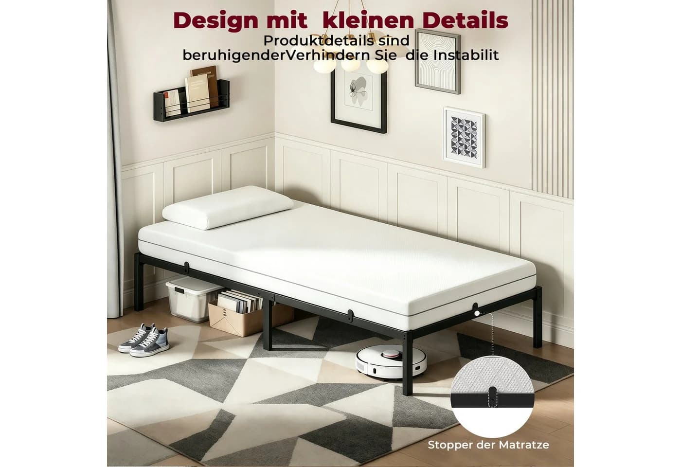 GLIESE Einzelbett 90x200cm Metallbettgestell Schwarz mit Holzlatten - Bild 4