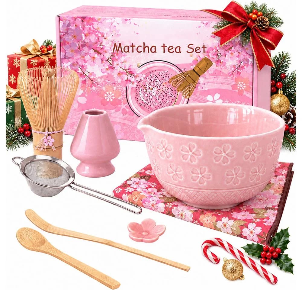 GLIESE Matcha-Set 8-teilig Keramik Bambus Besen Schale rosa - Bild 2
