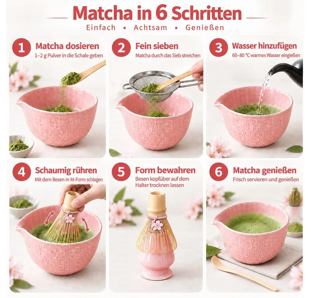 GLIESE Matcha-Set 8-teilig Keramik Bambus Besen Schale rosa - Bild 3
