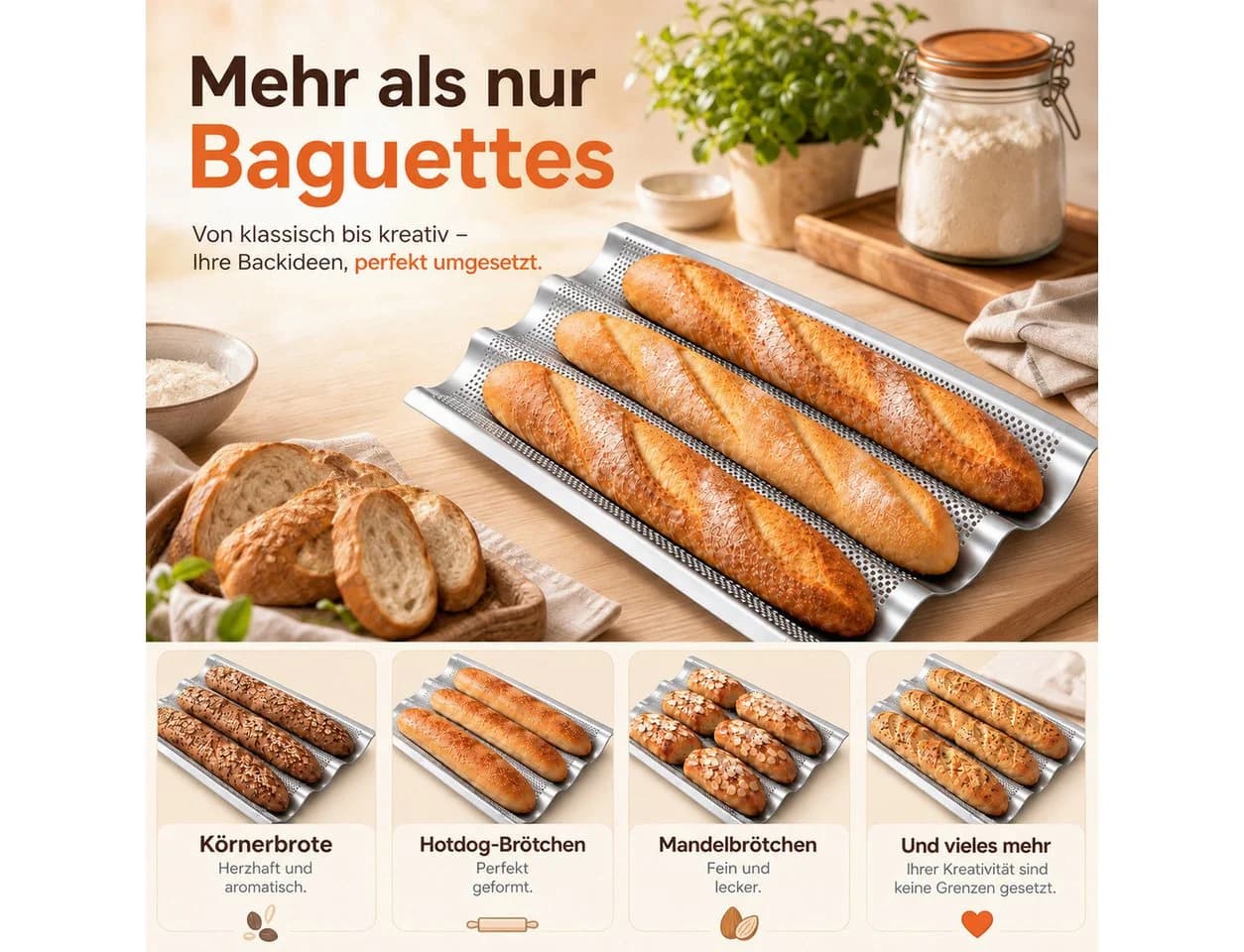 GLIESE POWER Baguetteblech Antihaft 3 Mulden Silber - Bild 4
