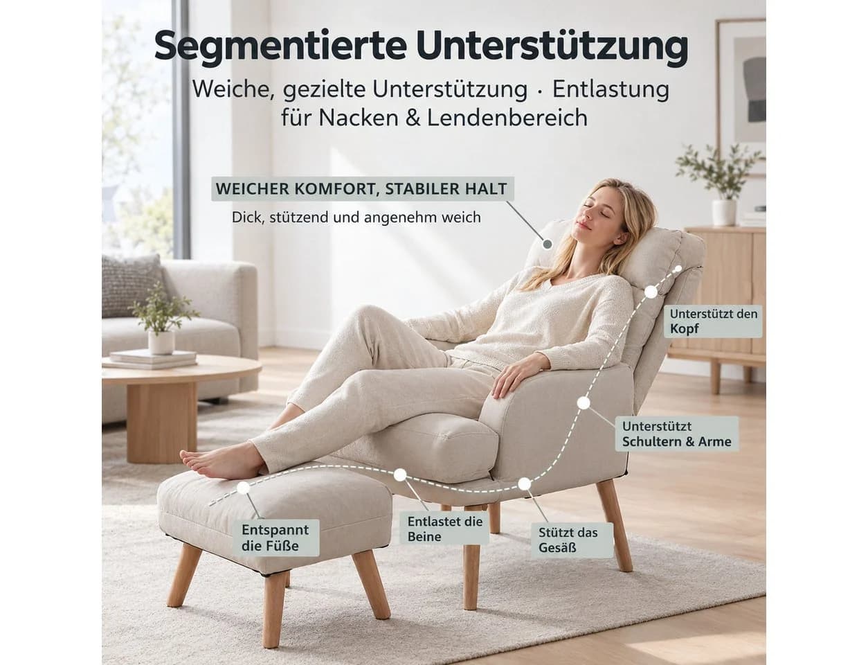 GLIESE POWER Relaxsessel mit Hocker – 5-fach verstellbar, abnehmbarer Bezug - Bild 5