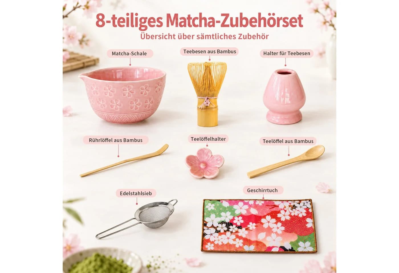 PFCTART Matcha Set 8-teilig mit Keramikschale, Bambusbesen & Zubehör