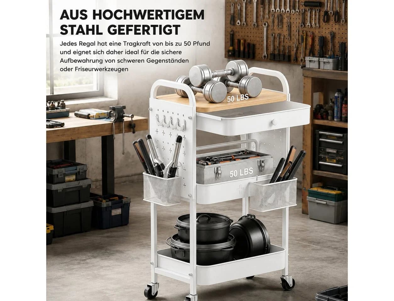 GLIESE POWER Beistellwagen 3 Ebenen Weiß Stahl - Bild 3