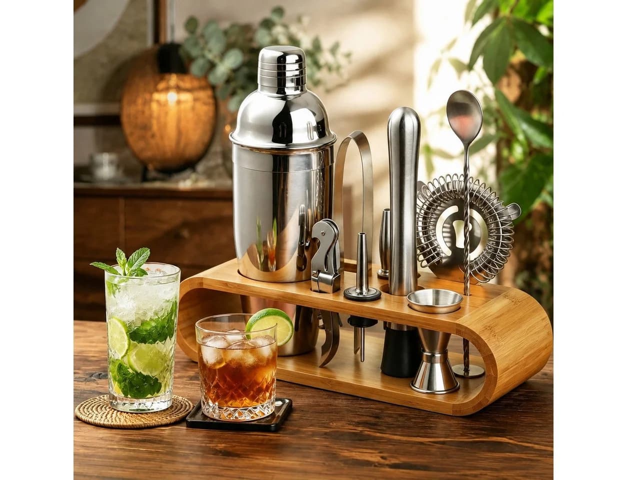 GLIESE POWER Cocktail Shaker 10-teiliges Set 304-Edelstahl Bambus
