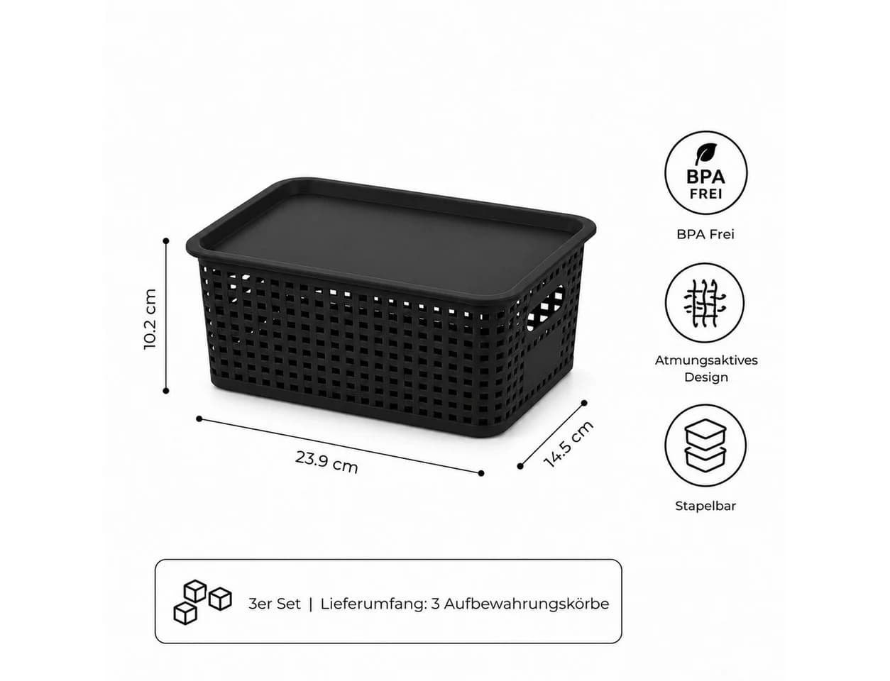 GLIESE POWER Aufbewahrungsbox 3er Set Schwarz mit Deckel Stapelbar