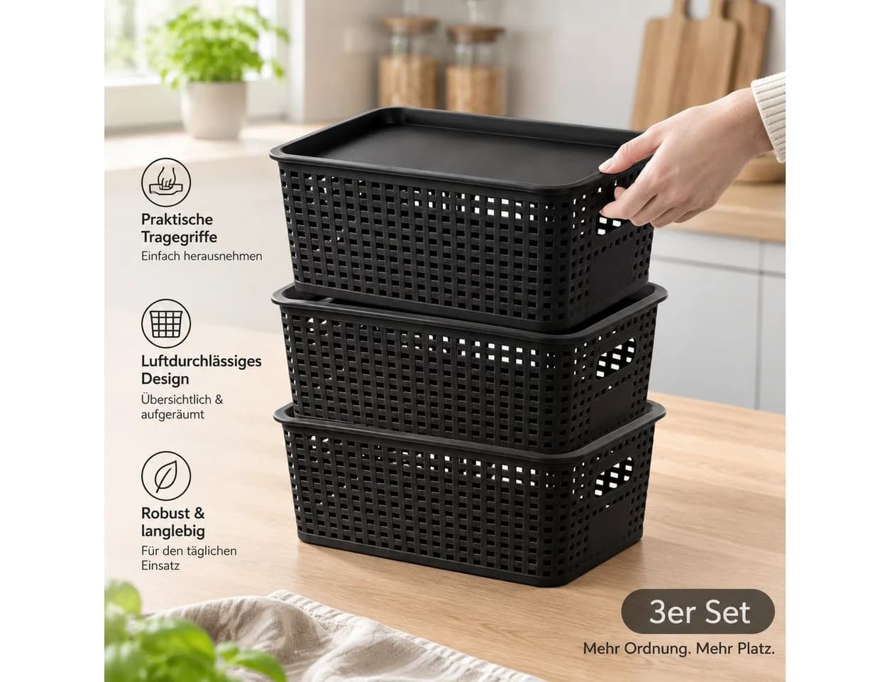 GLIESE POWER Aufbewahrungsbox 3er Set Schwarz mit Deckel Stapelbar - Bild 3