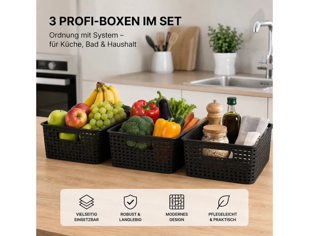 GLIESE POWER Aufbewahrungsbox 3er Set Schwarz mit Deckel Stapelbar - Bild 4