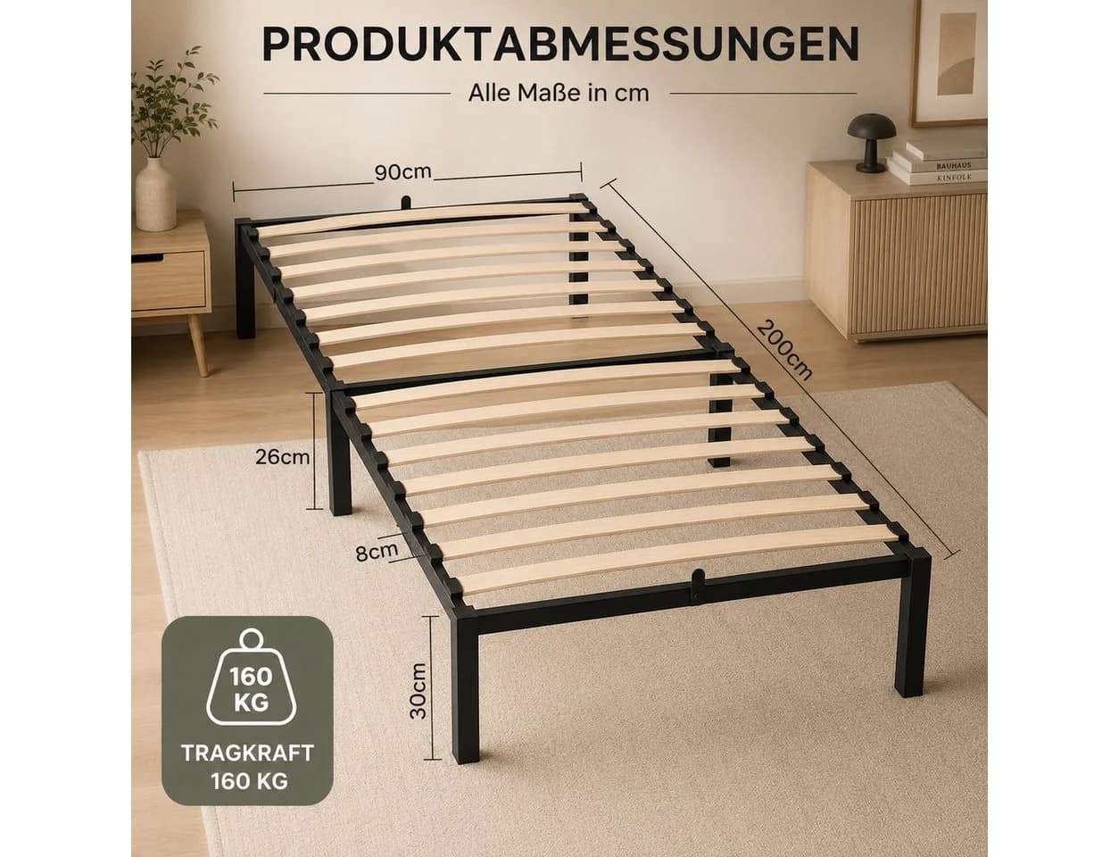 GLIESE POWER Einzelbett Bettgestell Schwarz Metall mit Holzlatten
