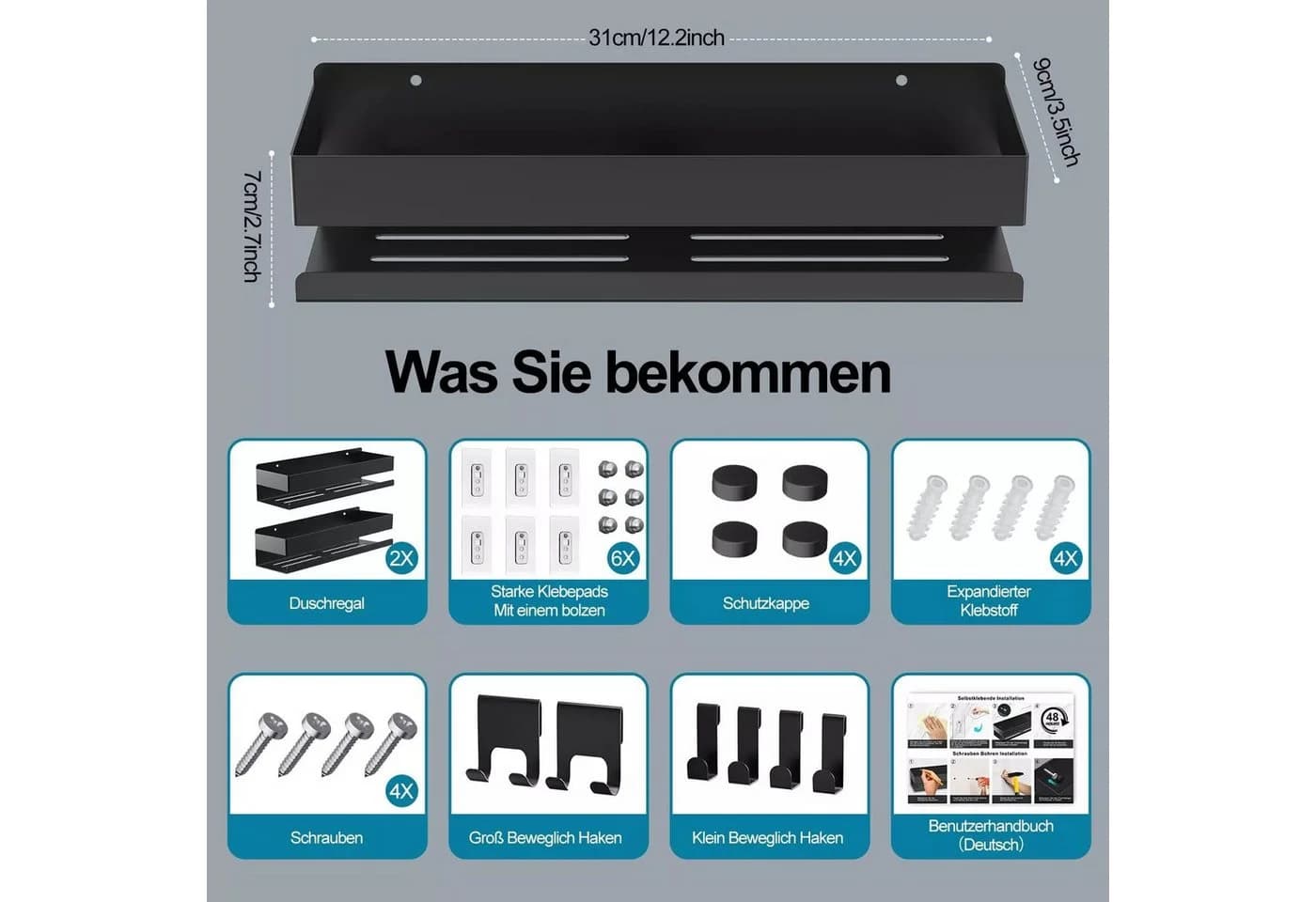 LA CUTE Duschregal Set 2-teilig Schwarz Edelstahl Bohrfrei - Bild 3