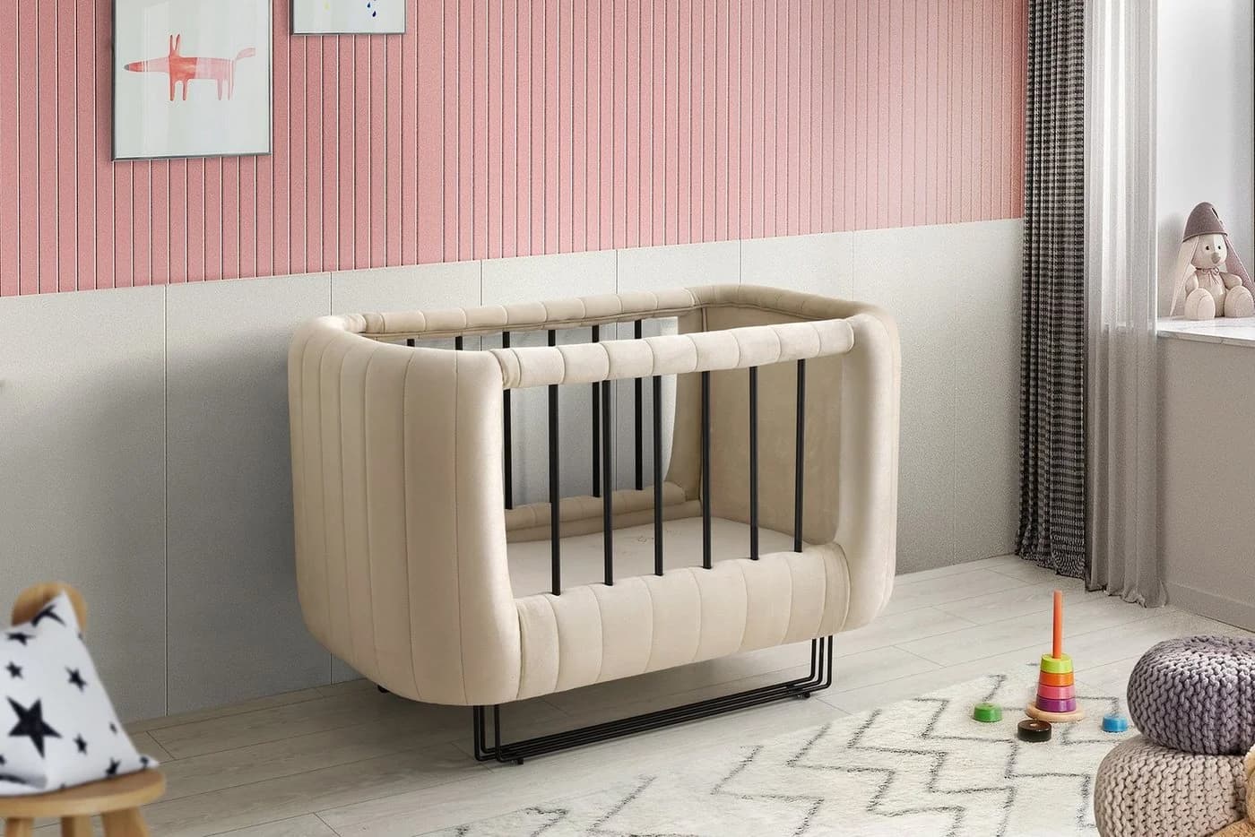 Jabari Babybett Wollbäckchen Schwarz/Weiß Chesterfield Gitterbett