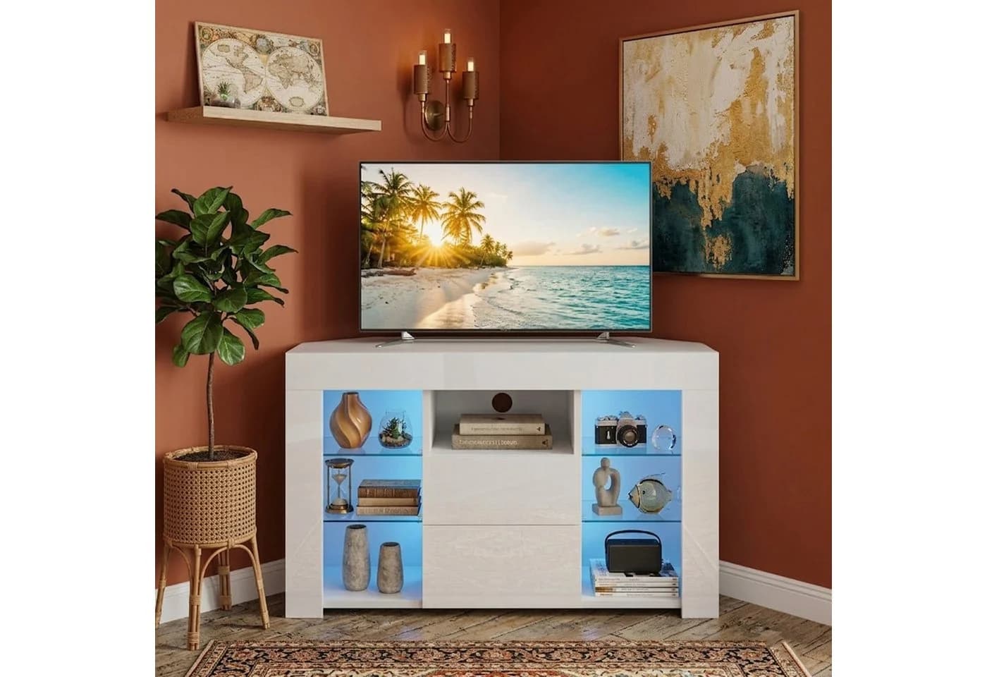 Dripex TV-Schrank Eckschrank Lowboard LED Weiß Hochglanz
