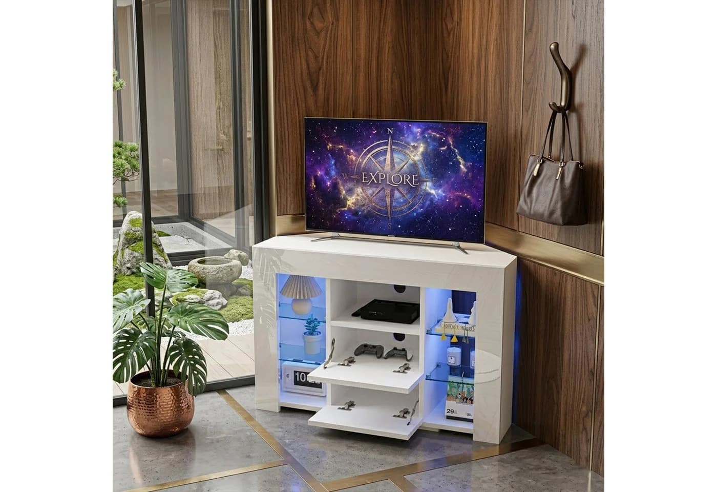 Dripex TV-Schrank Eckschrank Lowboard LED Weiß Hochglanz - Bild 3