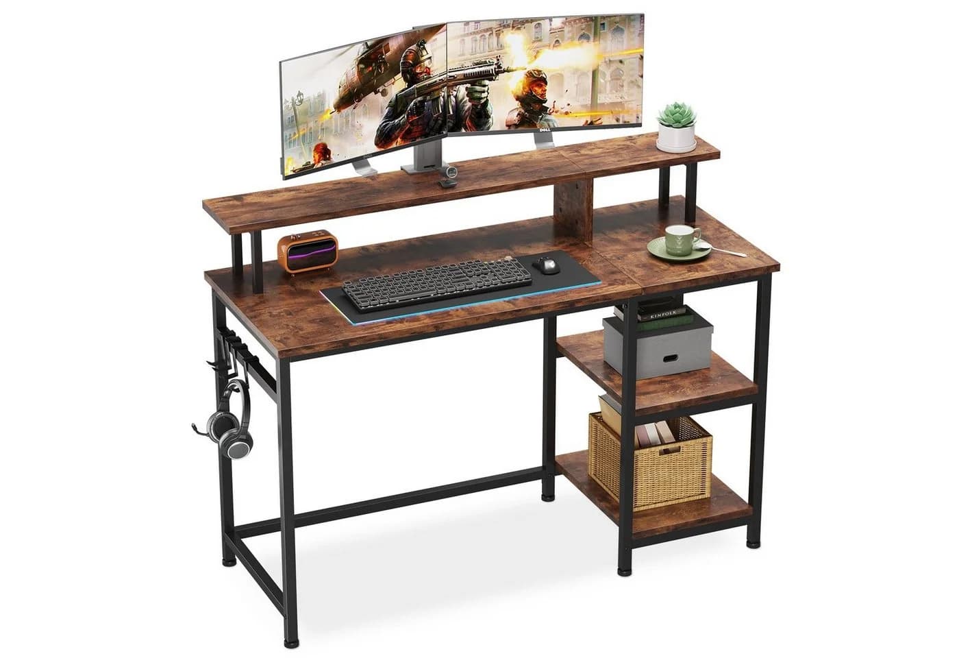 YOLEO Computertisch mit Monitorständer und Regal Braun/Schwarz - Bild 2