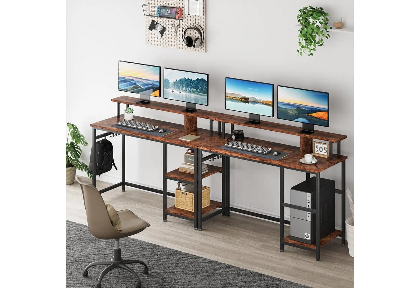 YOLEO Computertisch mit Monitorständer und Regal Braun/Schwarz - Bild 3