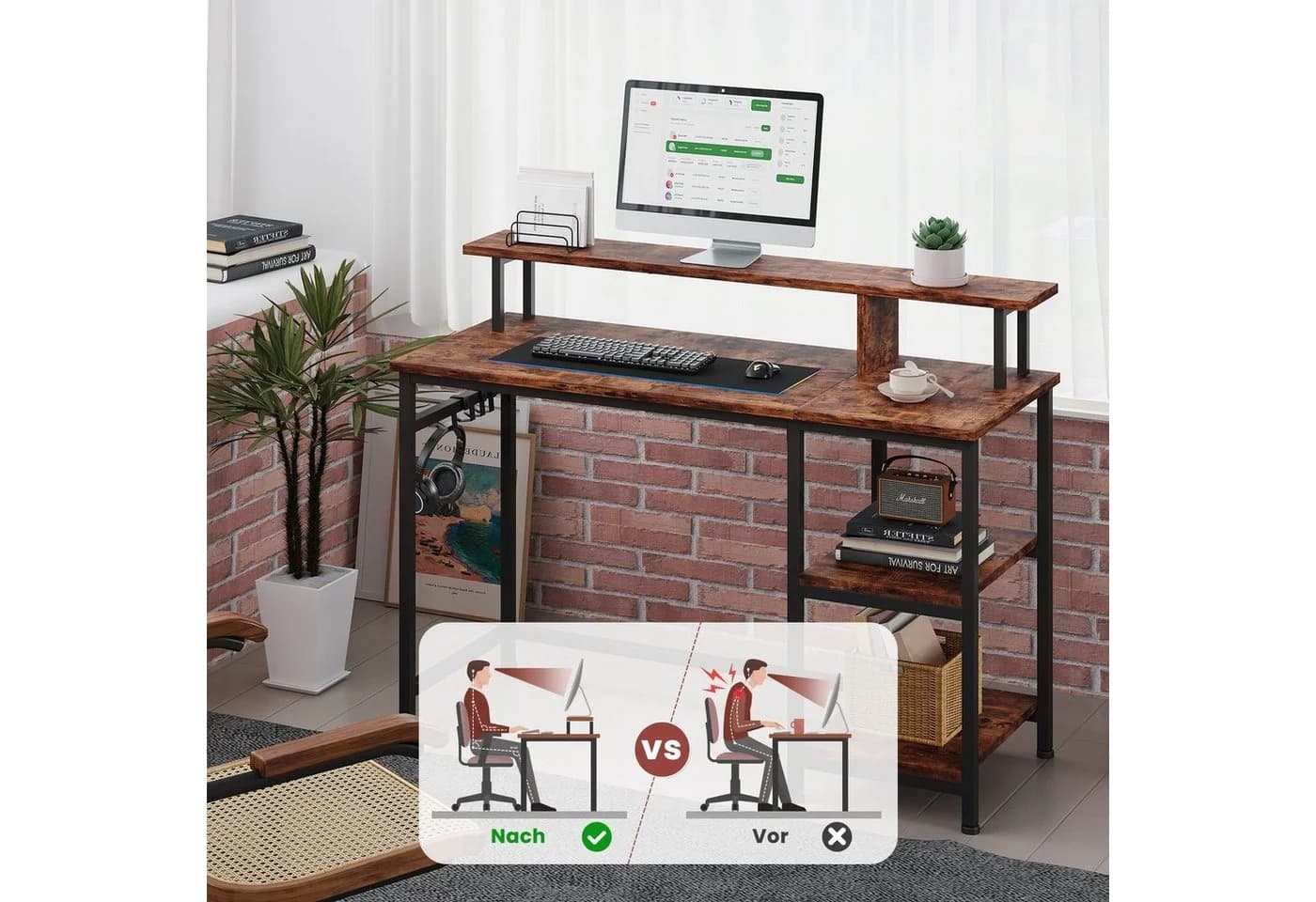 YOLEO Computertisch mit Monitorständer und Regal Braun/Schwarz - Bild 4
