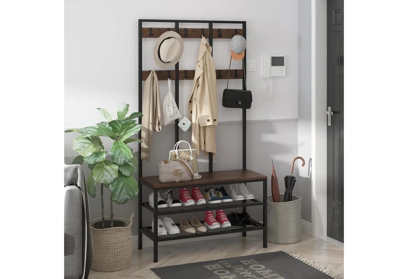 YOLEO Garderobe mit Sitzfläche und Schuhregal Vintage Schwarz