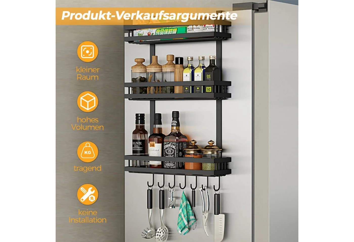 PFCTART Küchenregal Edelstahl Schwarz 3 Ebenen 30kg Tragkraft - Bild 3