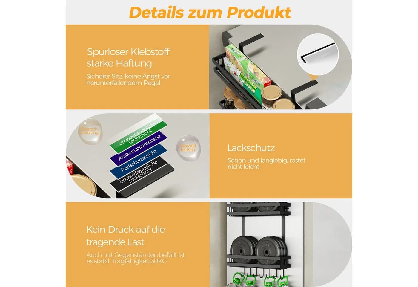 PFCTART Küchenregal Edelstahl Schwarz 3 Ebenen 30kg Tragkraft - Bild 4