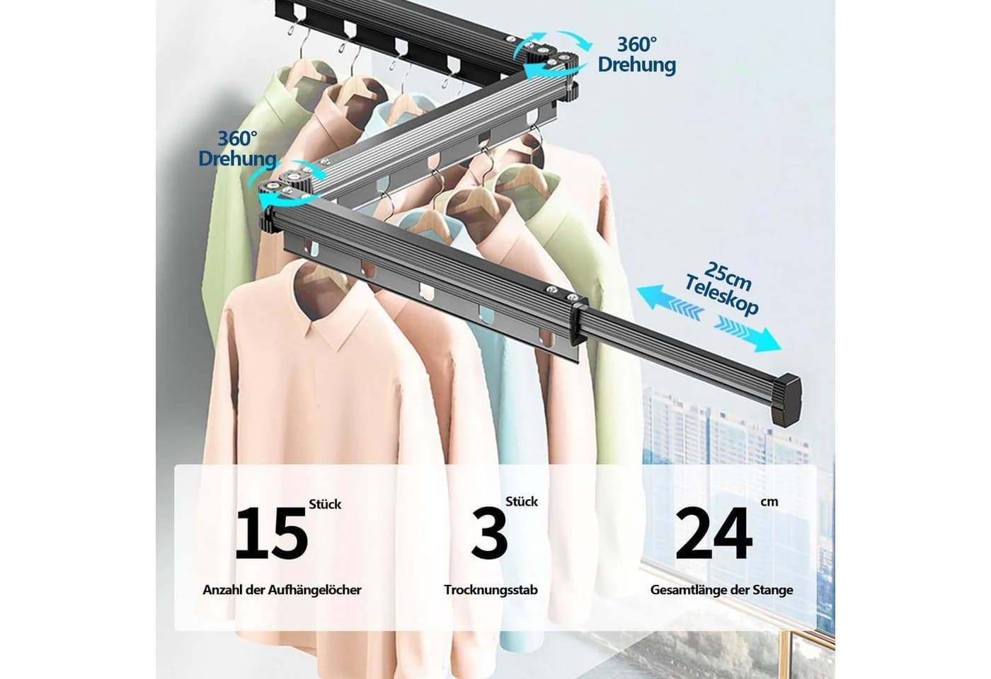 PFCTART Wand-Wäscheständer 126 cm Aluminium Grau Faltbar - Bild 3