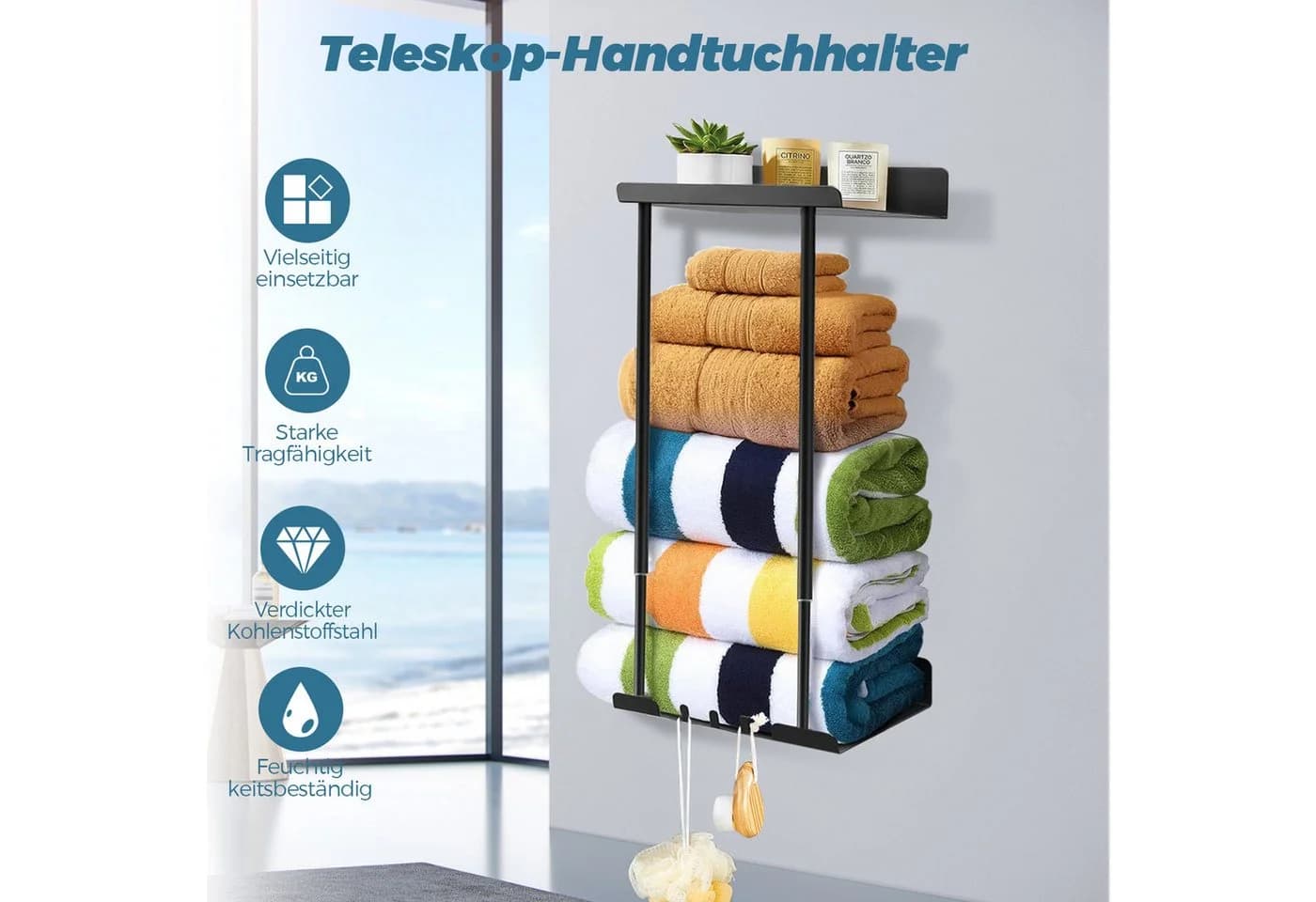 Rhein Beleuchtung Duschregal Ausziehbarer Badetuchhalter 38-75cm - Bild 3