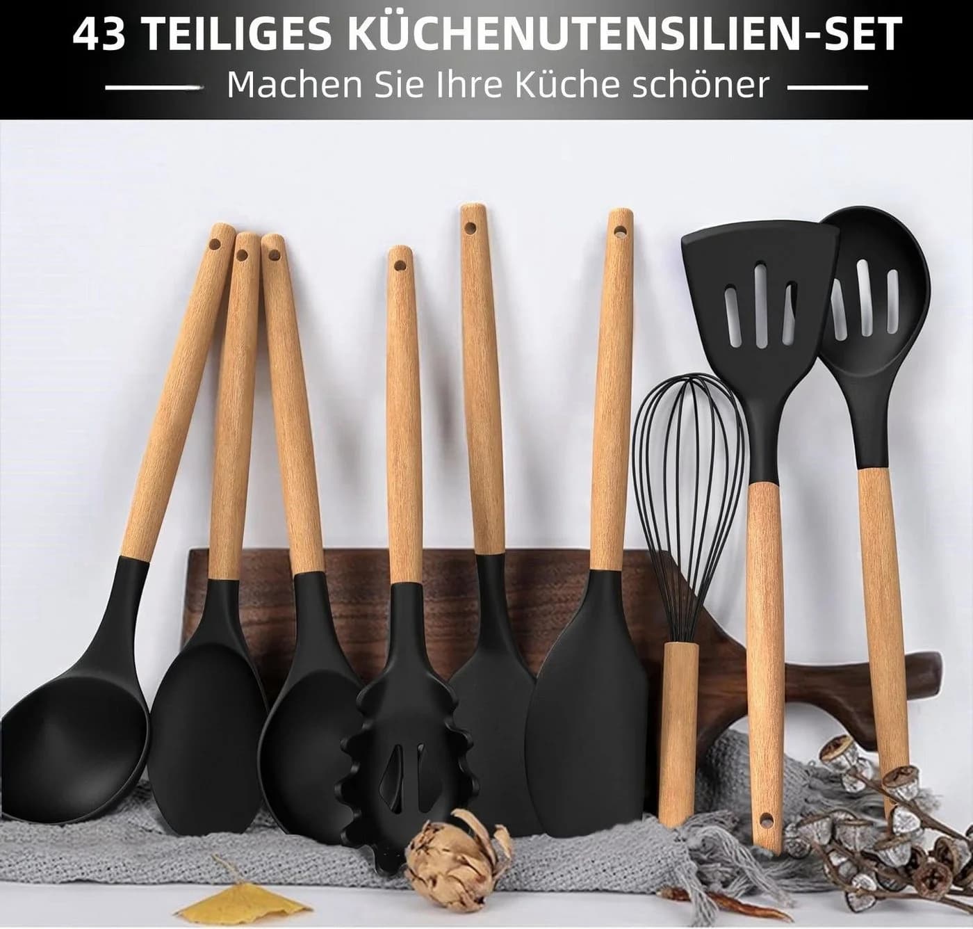Rhein Beleuchtung 43-tlg. Silikon Kochbesteck-Set mit Holzgriff Schwarz