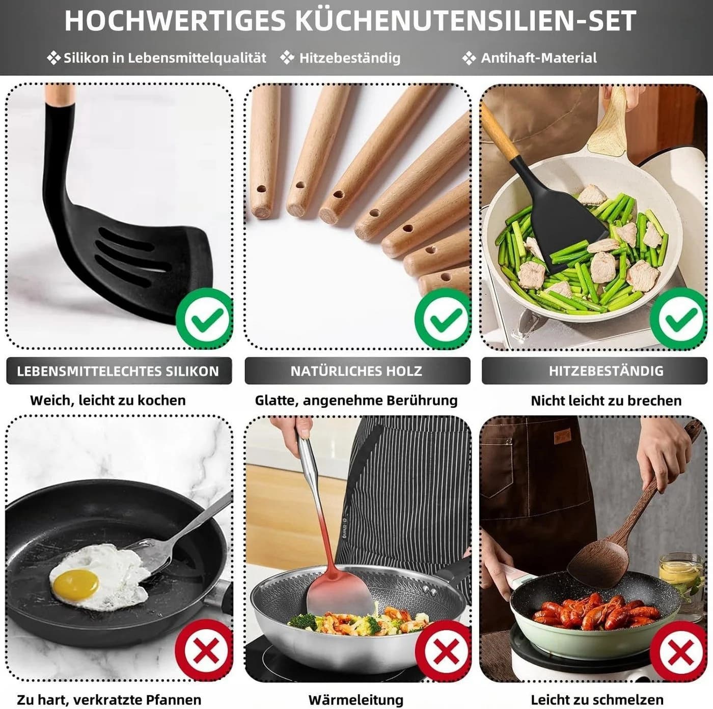 Rhein Beleuchtung 43-tlg. Silikon Kochbesteck-Set mit Holzgriff Schwarz - Bild 4