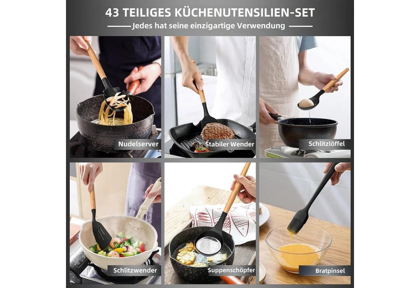 Rhein Beleuchtung 43-tlg. Silikon Kochbesteck-Set mit Holzgriff Schwarz - Bild 5