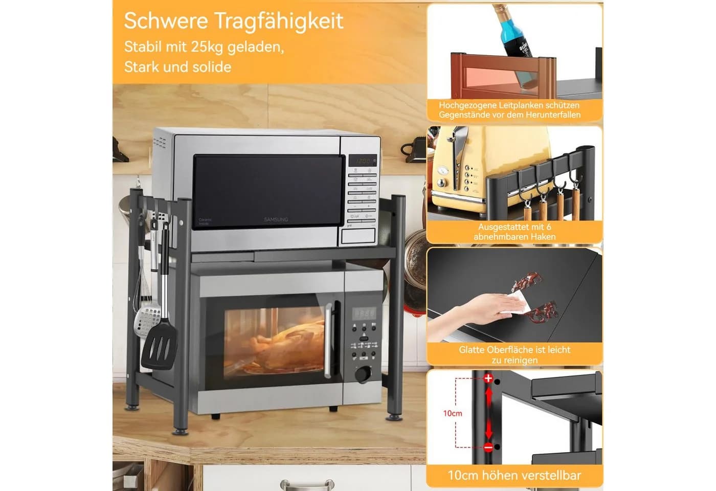 PFCTART Verstellbares Küchenregal Schwarz 2-stufig mit 6 Haken - Bild 4