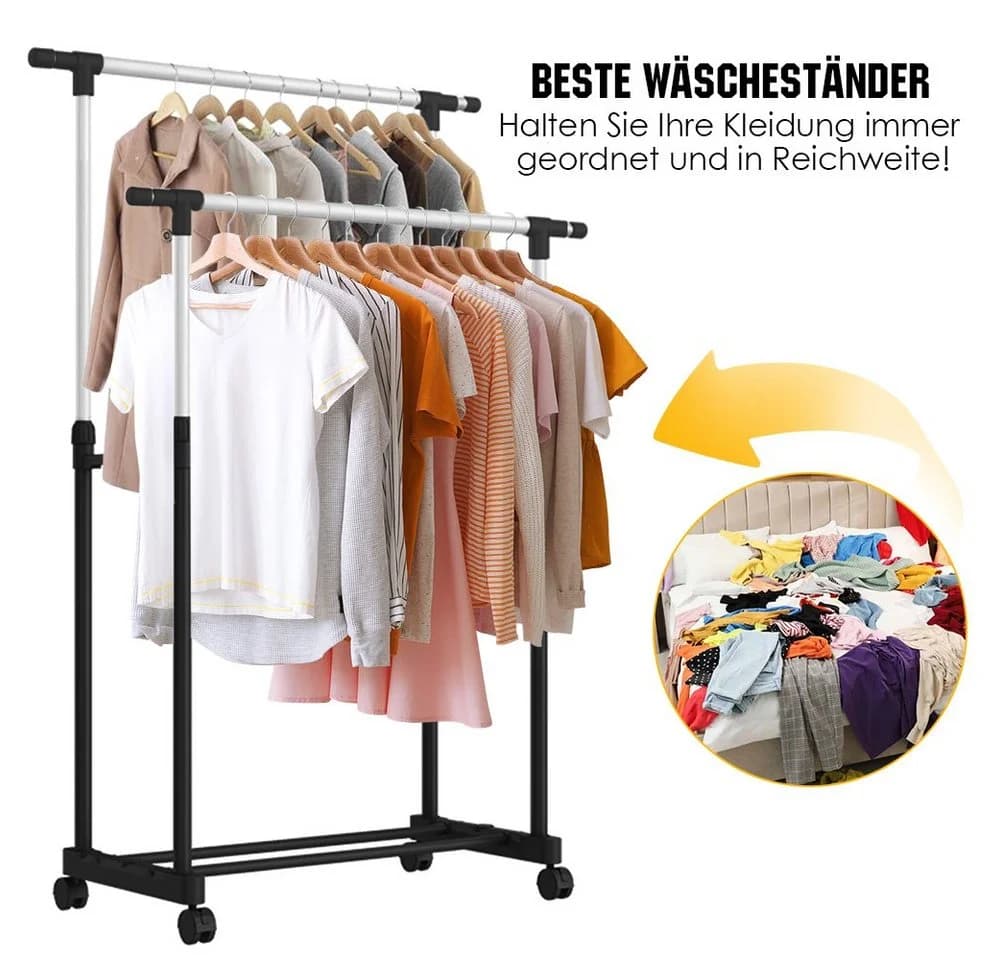 PFCTART Kleiderständer Schwarz Verstellbar Doppelstab mit Rollen - Bild 5