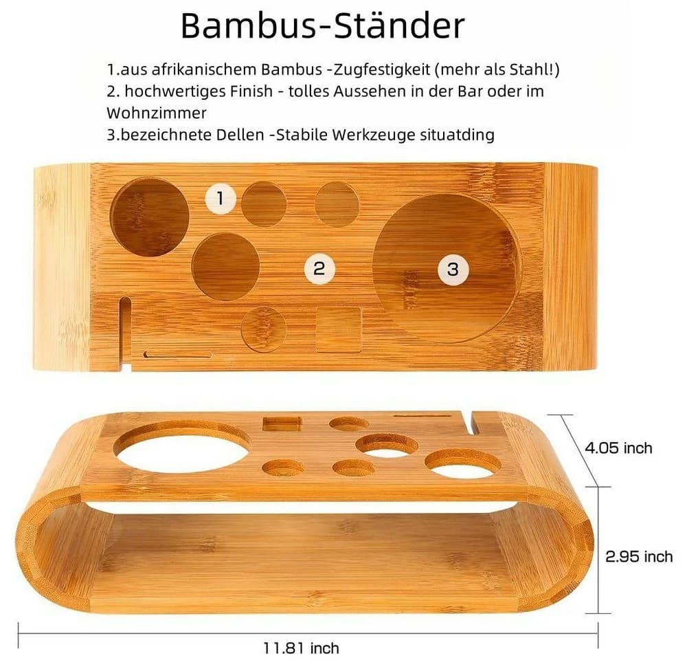 Rhein Beleuchtung Cocktail-Set 10-teilig mit Bambus-Ständer Edelstahl Silber