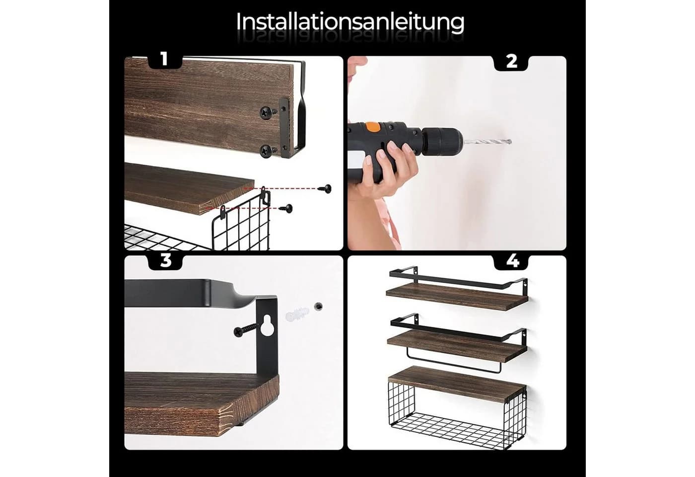 YMQHBS Küchenregal 6-teilig Holz Metall Wandregal Schwarz Braun - Bild 4