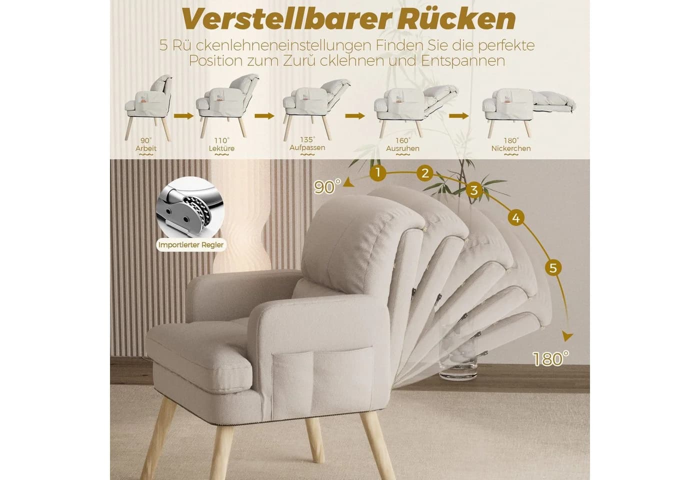 PFCTART Relaxsessel mit Hocker 2-teilig Beige Baumwoll-Leinen - Bild 3