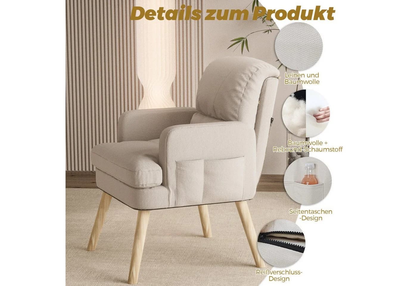 PFCTART Relaxsessel mit Hocker 2-teilig Beige Baumwoll-Leinen - Bild 4