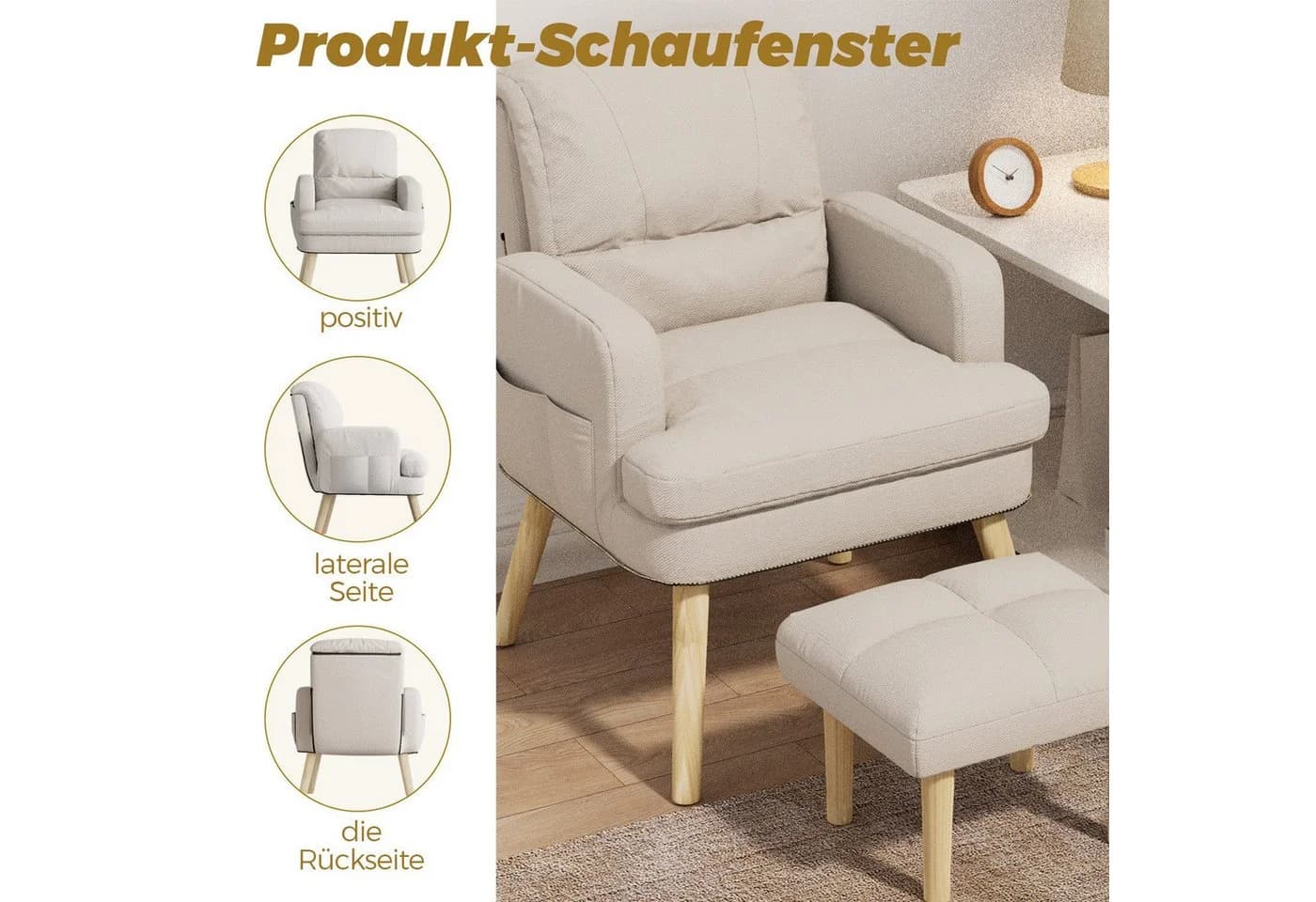 PFCTART Relaxsessel mit Hocker 2-teilig Beige Baumwoll-Leinen - Bild 5