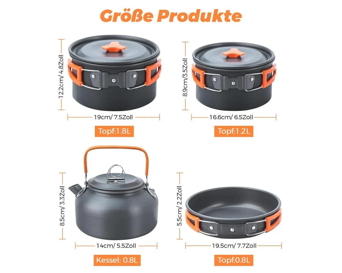 GLIESE Camping-Kochset 13-tlg. Aluminium Topf-Set für 4-5 Personen - Bild 3