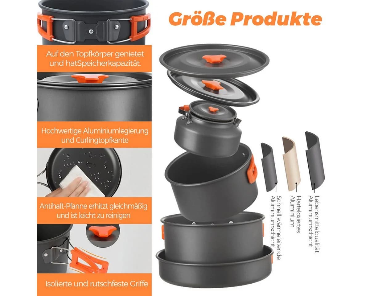 GLIESE Camping-Kochset 13-tlg. Aluminium Topf-Set für 4-5 Personen - Bild 5