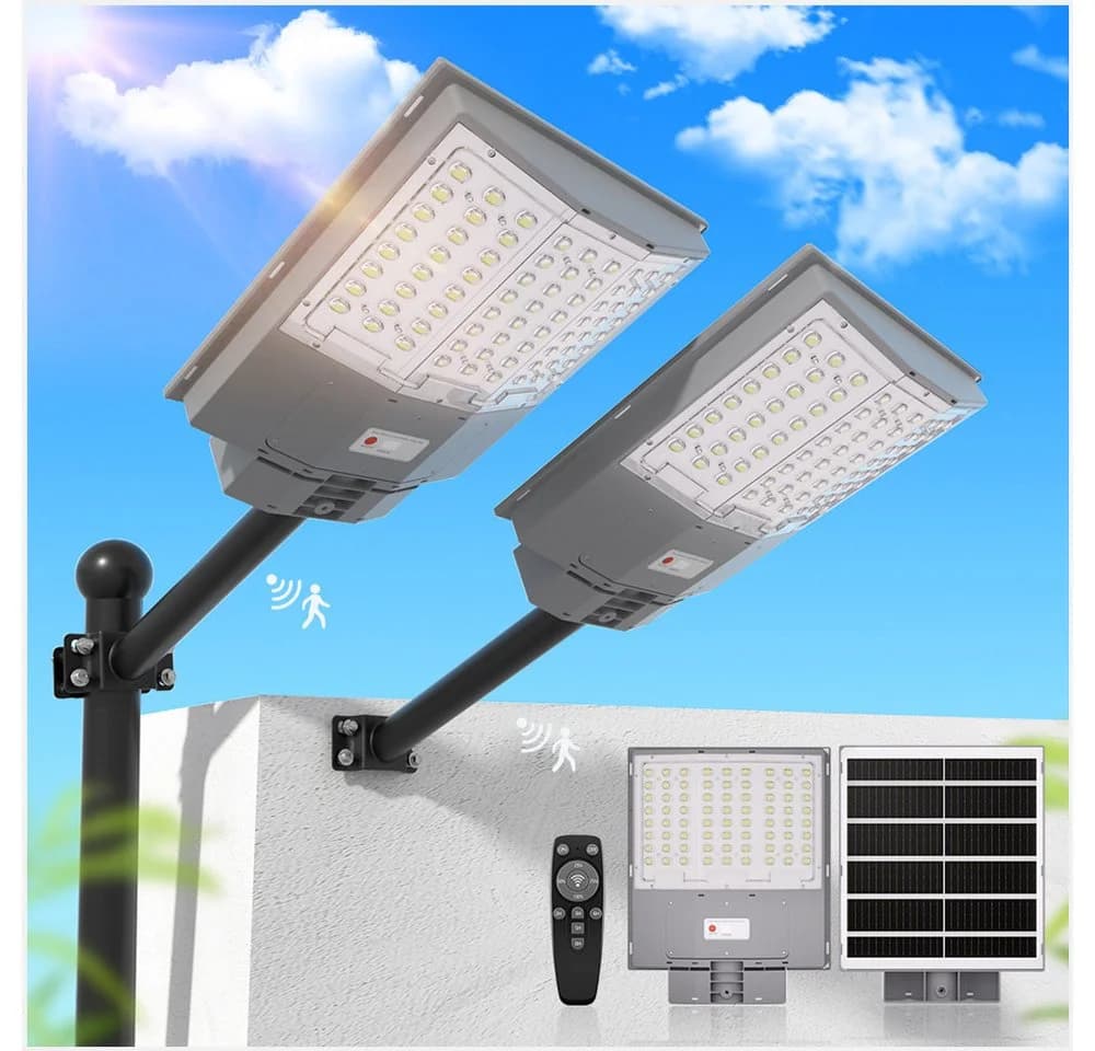 Rhein Beleuchtung LED Solarleuchte 1000W Solarlampen für Außen – Solar Strahler Außen mit Fernbedienung, Für Wand, Parkplatz, Garten Straße – inkl. Mast Montageset, LED fest integriert, Bewegungsmelder, Timer & 240° Lichtwinkel – 6500K kaltweiß, IP67 - Bild 2