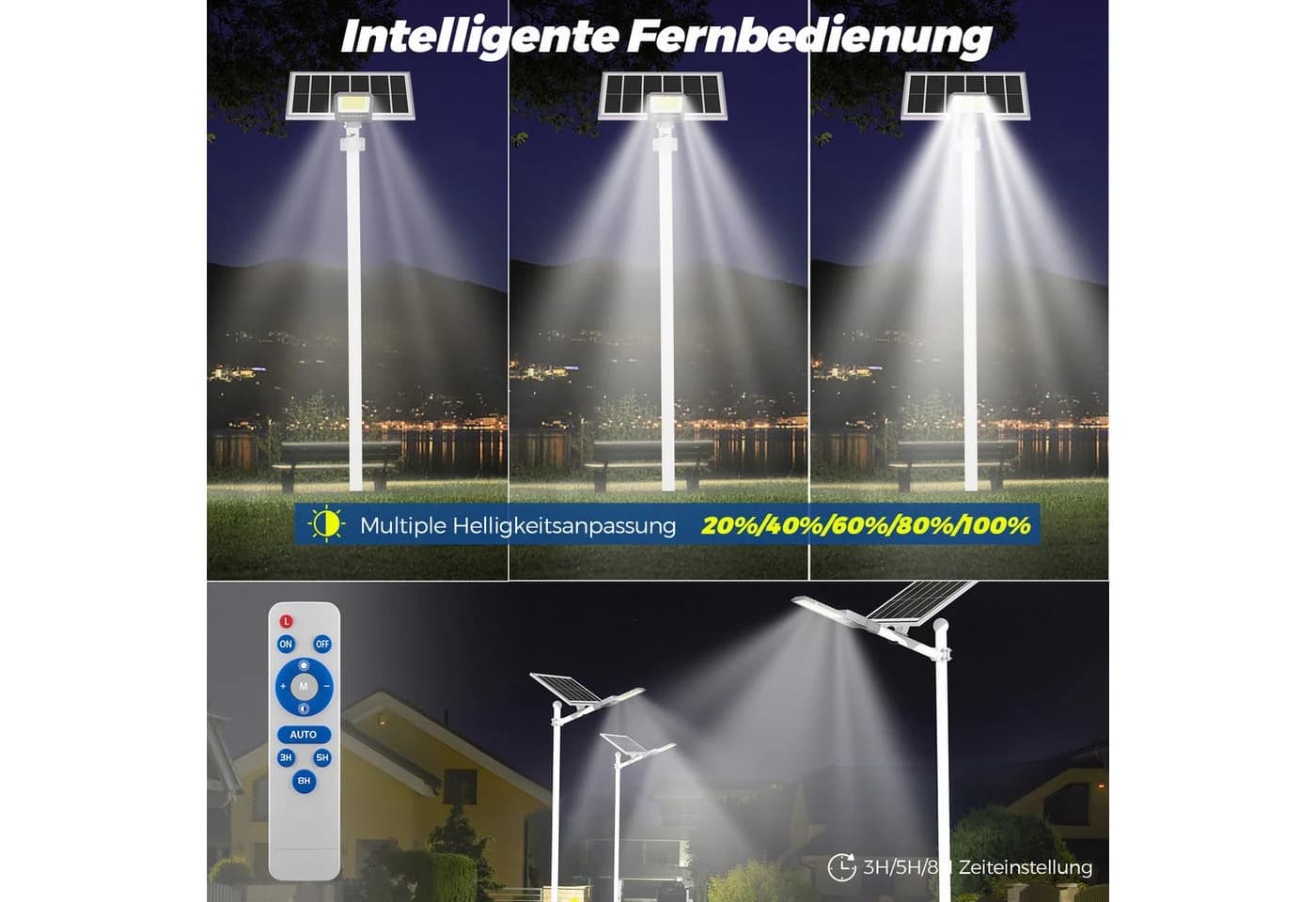 Rhein Beleuchtung LED Solarleuchte 1000W Solarlampen für Außen mit Bewegungsmelder & Fernbedienung, Solarlampen für außen, wetterfest, LED fest integriert, Kaltweiß, 6500K kaltweiß, IP67 – solar Strahler außen mit 1022 LEDs - Bild 5