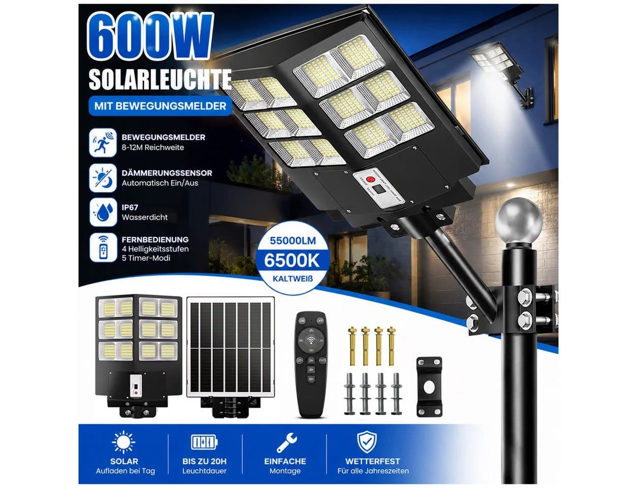 Rhein Beleuchtung LED Solarleuchte Außen mit Bewegungsmelder & Fernbedienung - Bild 2