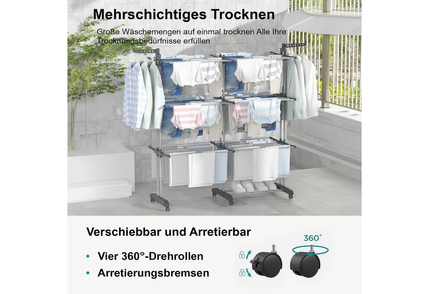 PFCTART Wäscheständer Grau Ausziehbar Mit Rollen - Bild 3