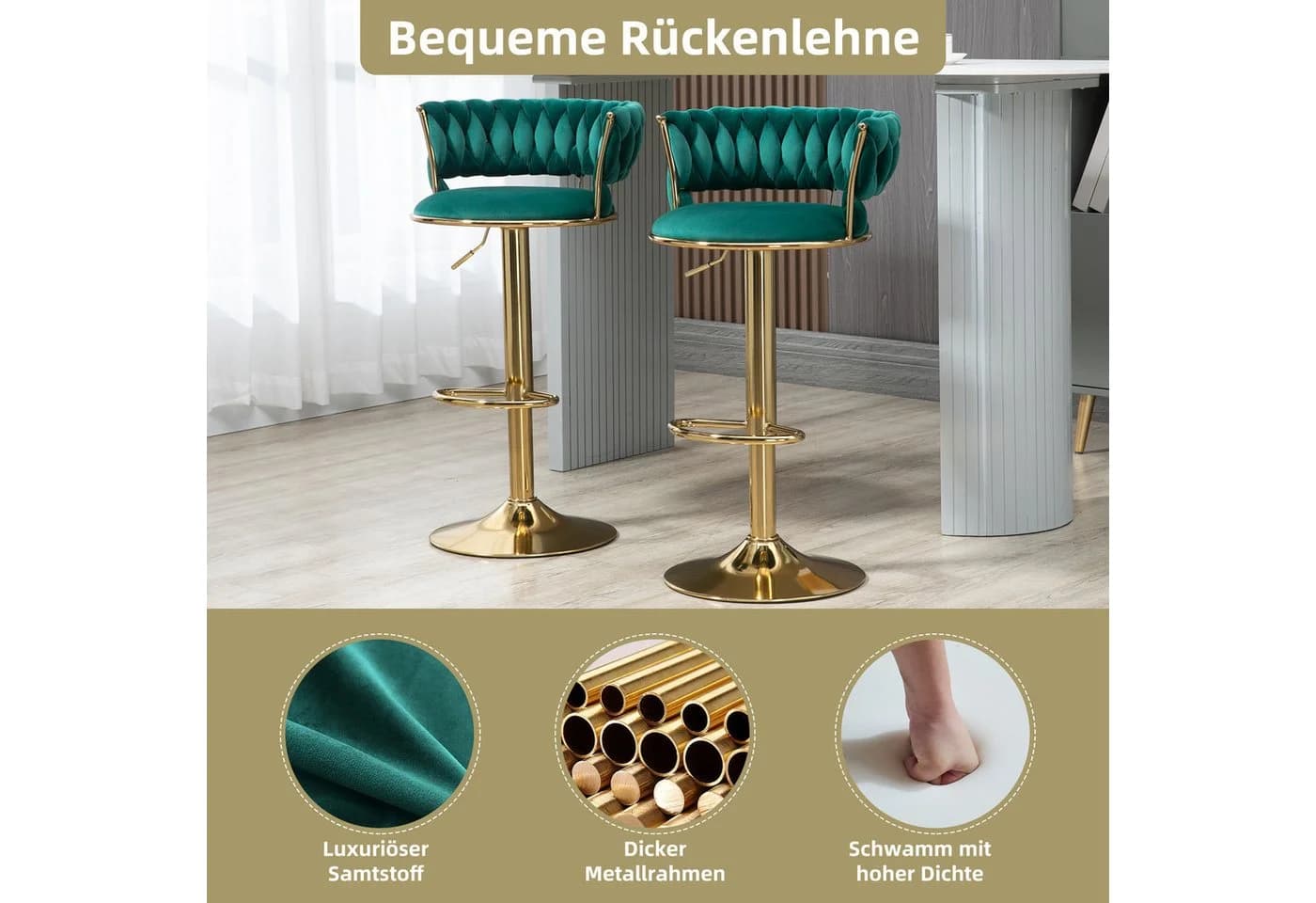 PFCTART Barhocker Samt 2er Set 360° drehbar & höhenverstellbar Gold - Bild 3