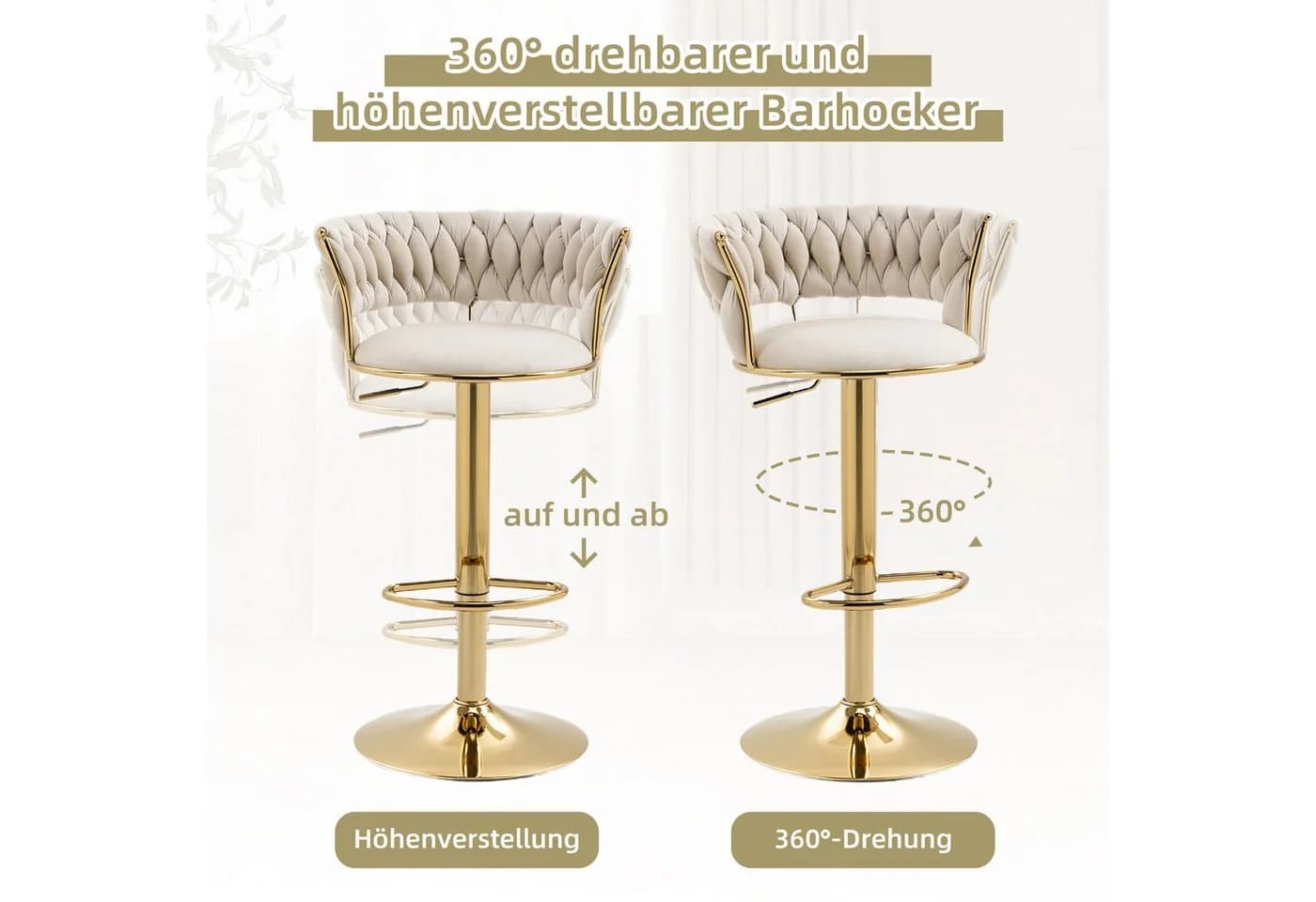 PFCTART Barhocker Samt 2er Set 360° drehbar & höhenverstellbar Gold - Bild 5